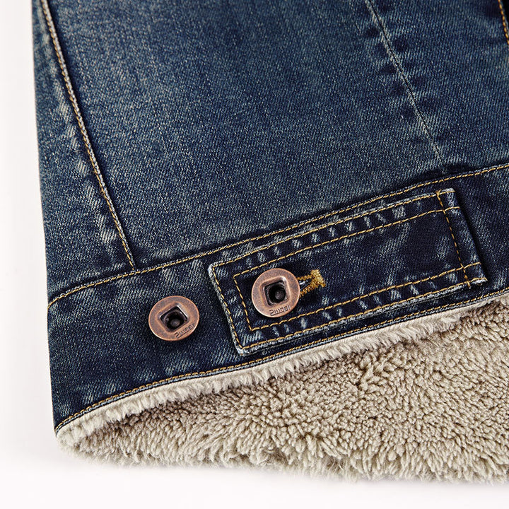 Men's thermal denim jacket in trucker style with full teddy fleece lining and high collar Mune Fashion