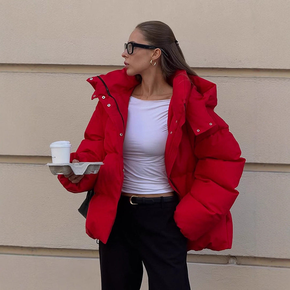 Women Short Cut Quilted Winter Jacket with High Collar Hood and Padded Thermal Lining Mune Fashion