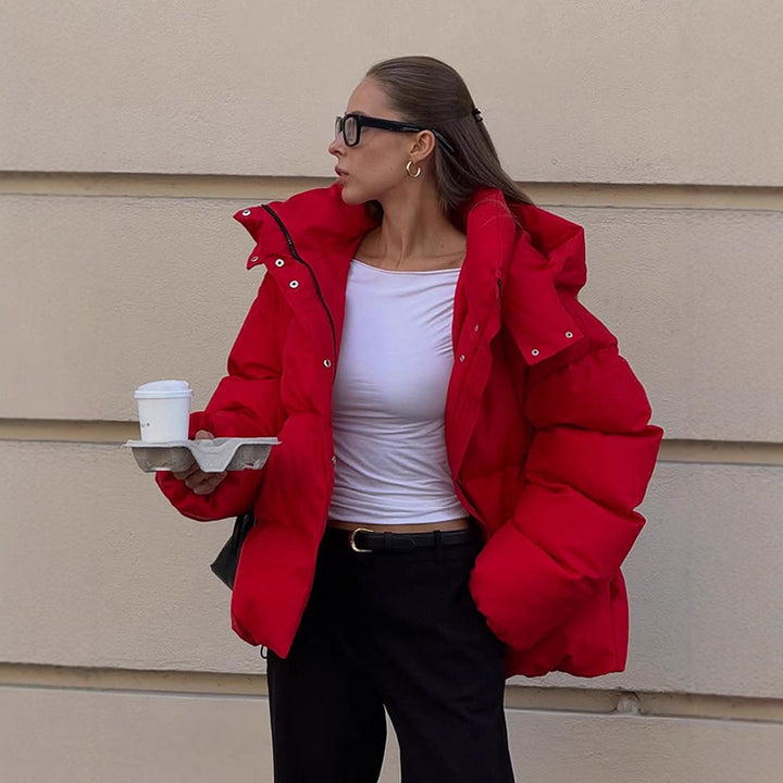 Women Short Cut Quilted Winter Jacket with High Collar Hood and Padded Thermal Lining Mune Fashion