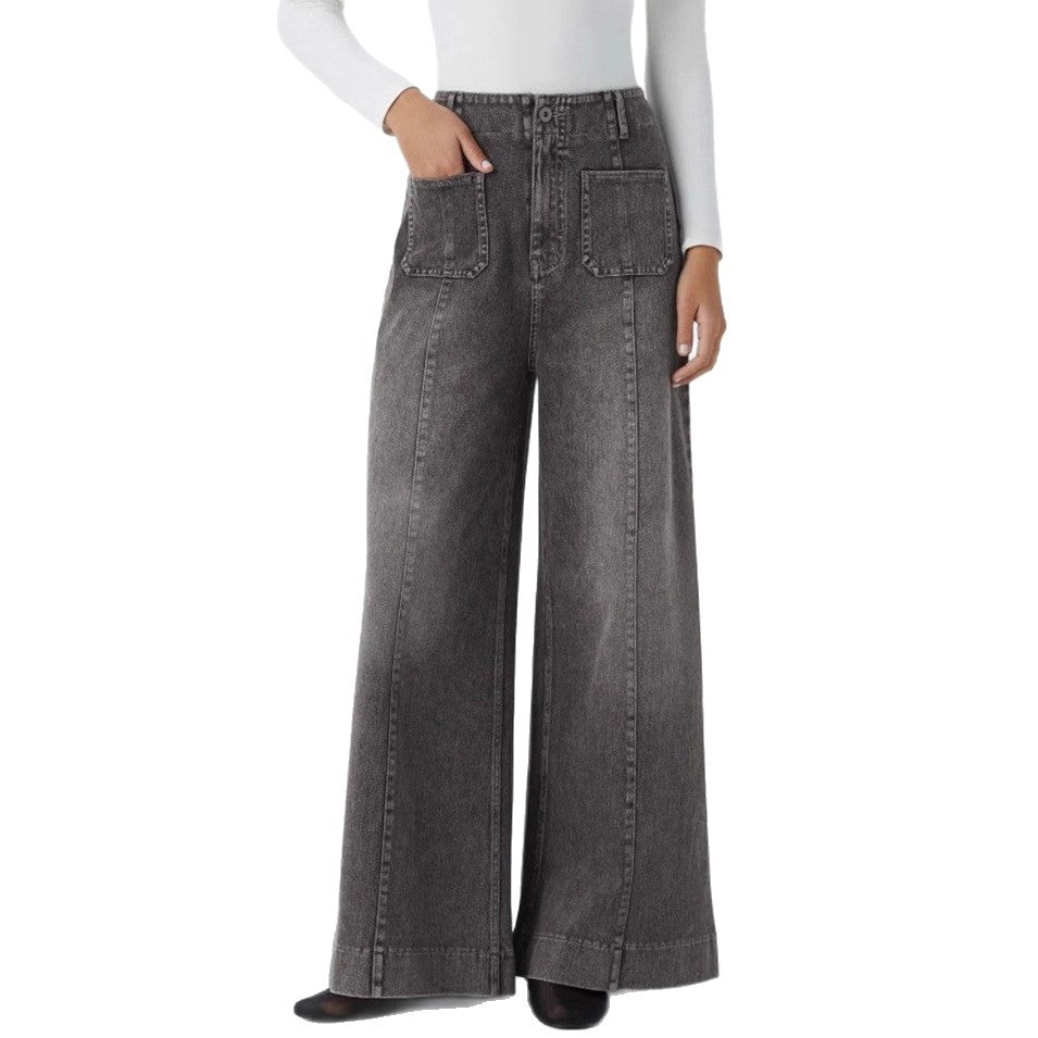 Women's high-waisted wide jeans pants with patch front pockets and vertical decorative seam Mune Fashion