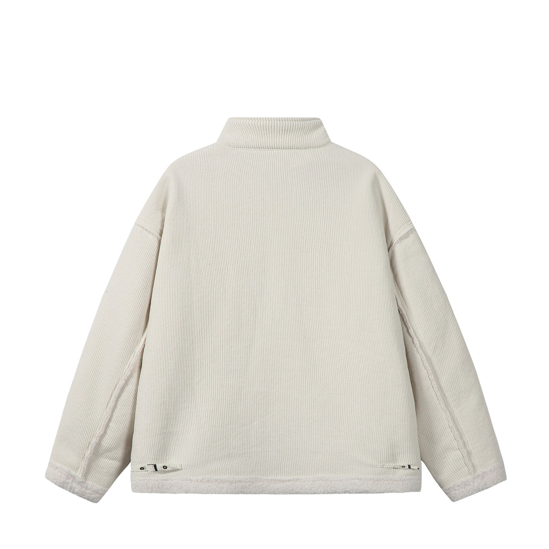 Unisex Short-cut Cord Jacket with Teddy Trim and Funnel Neck Mune Fashion