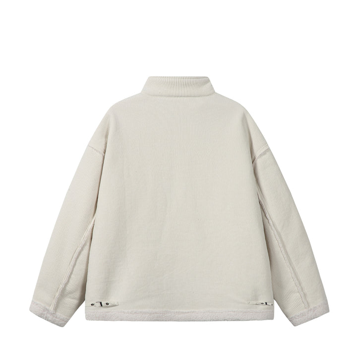Unisex Short-cut Cord Jacket with Teddy Trim and Funnel Neck Mune Fashion