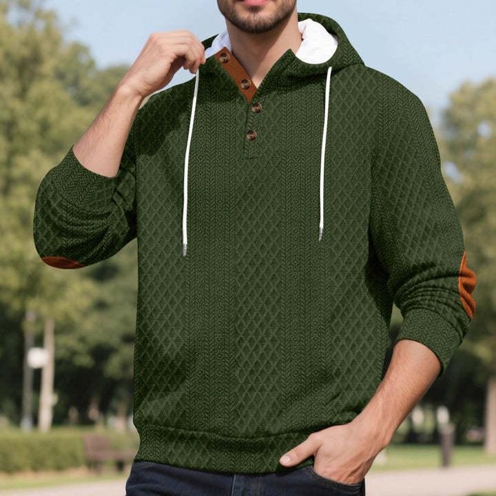 Men's nan diamond structure hoodie with short button placket, quilted hood inner edge, and suede elbow patch Mune Fashion