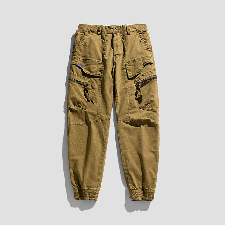Men's Multifunctional Cargo Jogging Pants in Tactical Canvas Style with Knee Panels, Zipper and Flap Pockets Mune Fashion