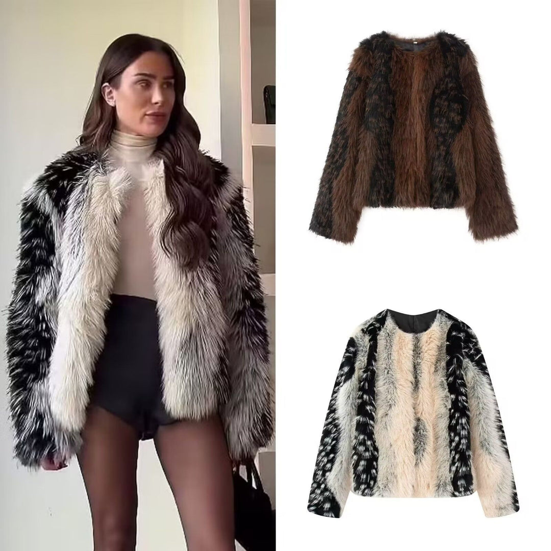 Women's Short Cut Faux Fur Jacket with Striped Fur Texture Mune Fashion