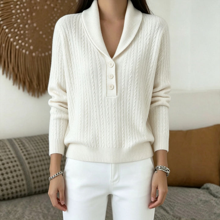 Women's knitted sweater with shawl collar, cable pattern, and button placket Mune Fashion