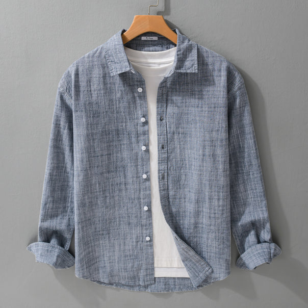 Men's Textured Linen-Cotton Overshirt in Relaxed Fit with Shirt Collar and Continuous Button Placket Mune Fashion
