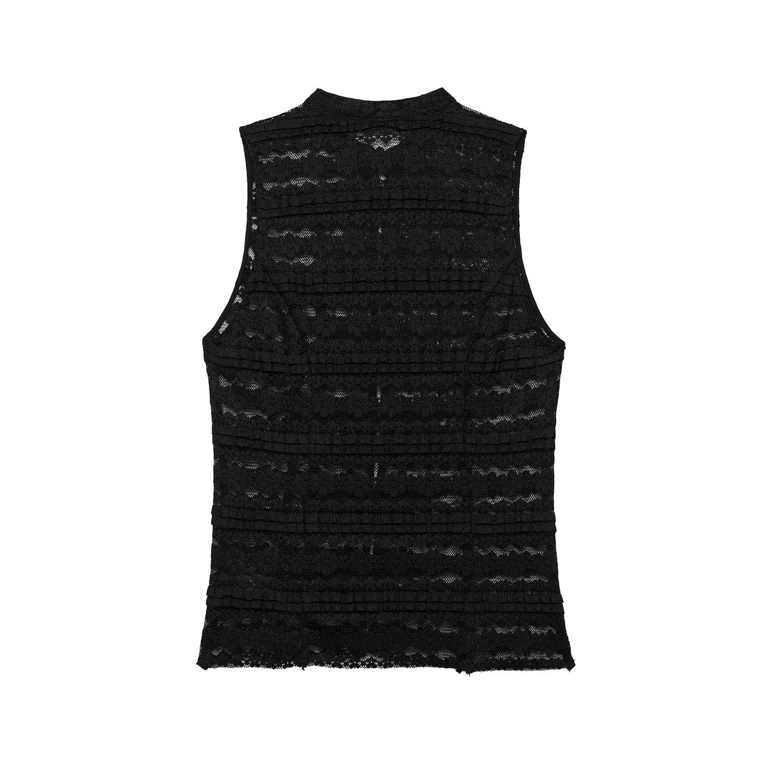 Women's Sleeveless Lace Vest with Stand Collar and Toggle Closures Mune Fashion