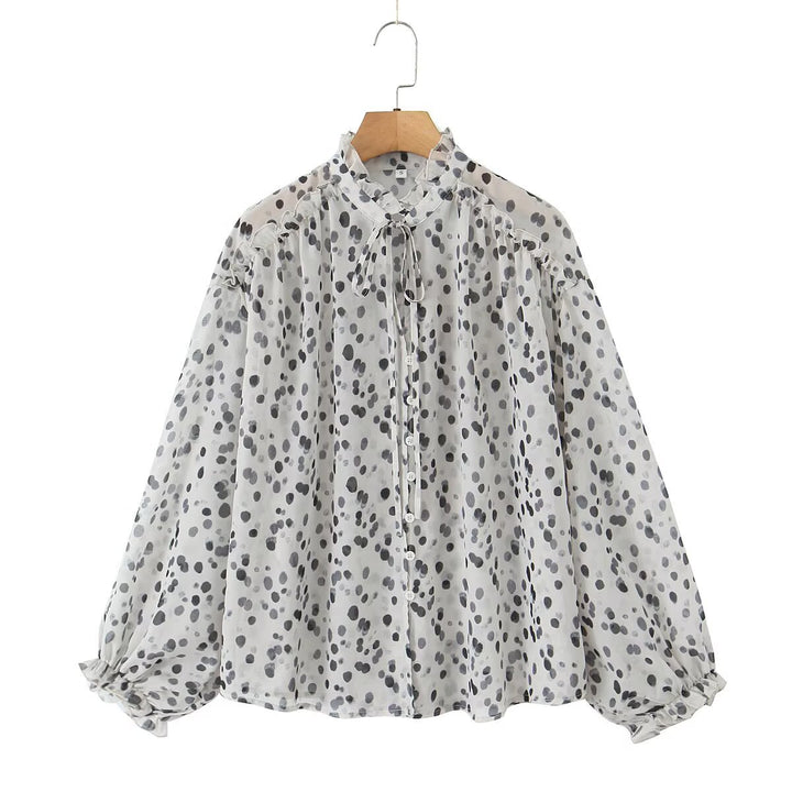 Women Transparent Chiffon Blouse with Polka Dot Print, Stand Collar and Voluminous Ruffle Sleeves Mune Fashion