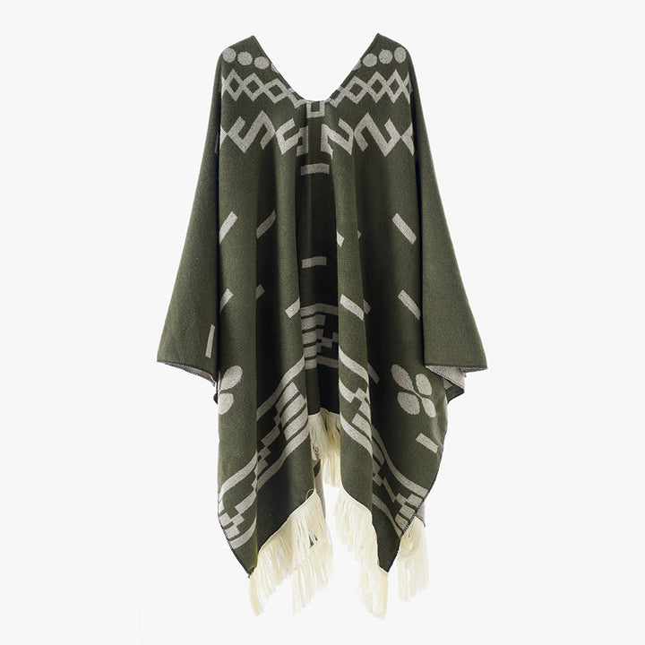 Women's Oversize Poncho in Boho Style with V-neck, Jacquard Pattern and Long Fringes Mune Fashion