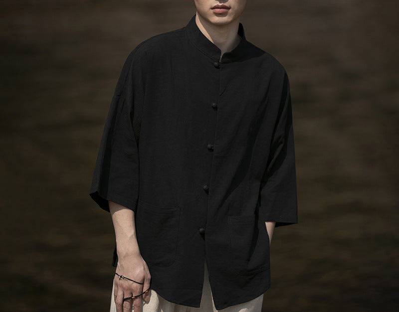 Men's Oversized Shirt in Kimono Style made of Linen-Cotton Mix with Stand-Up Collar Mune Fashion