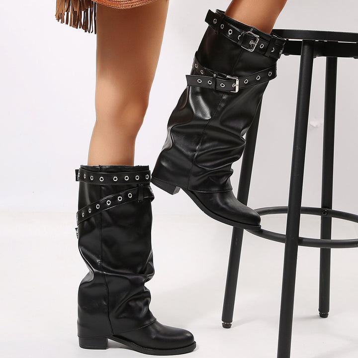 Women's Fashion High-Top Boots with Subtle Strap and Buckle Decoration Mune Fashion