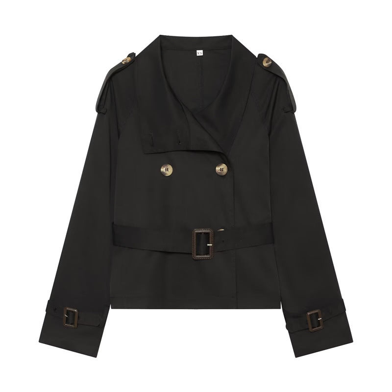 Women Short Boxy Trench with Double Breasted, Waist Belt and Shoulder Tabs Mune Fashion