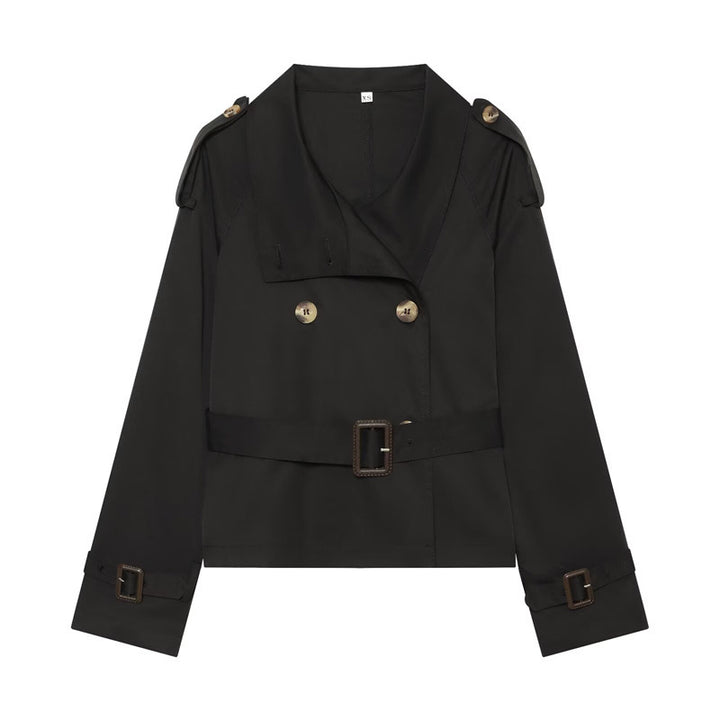 Women Short Boxy Trench with Double Breasted, Waist Belt and Shoulder Tabs Mune Fashion