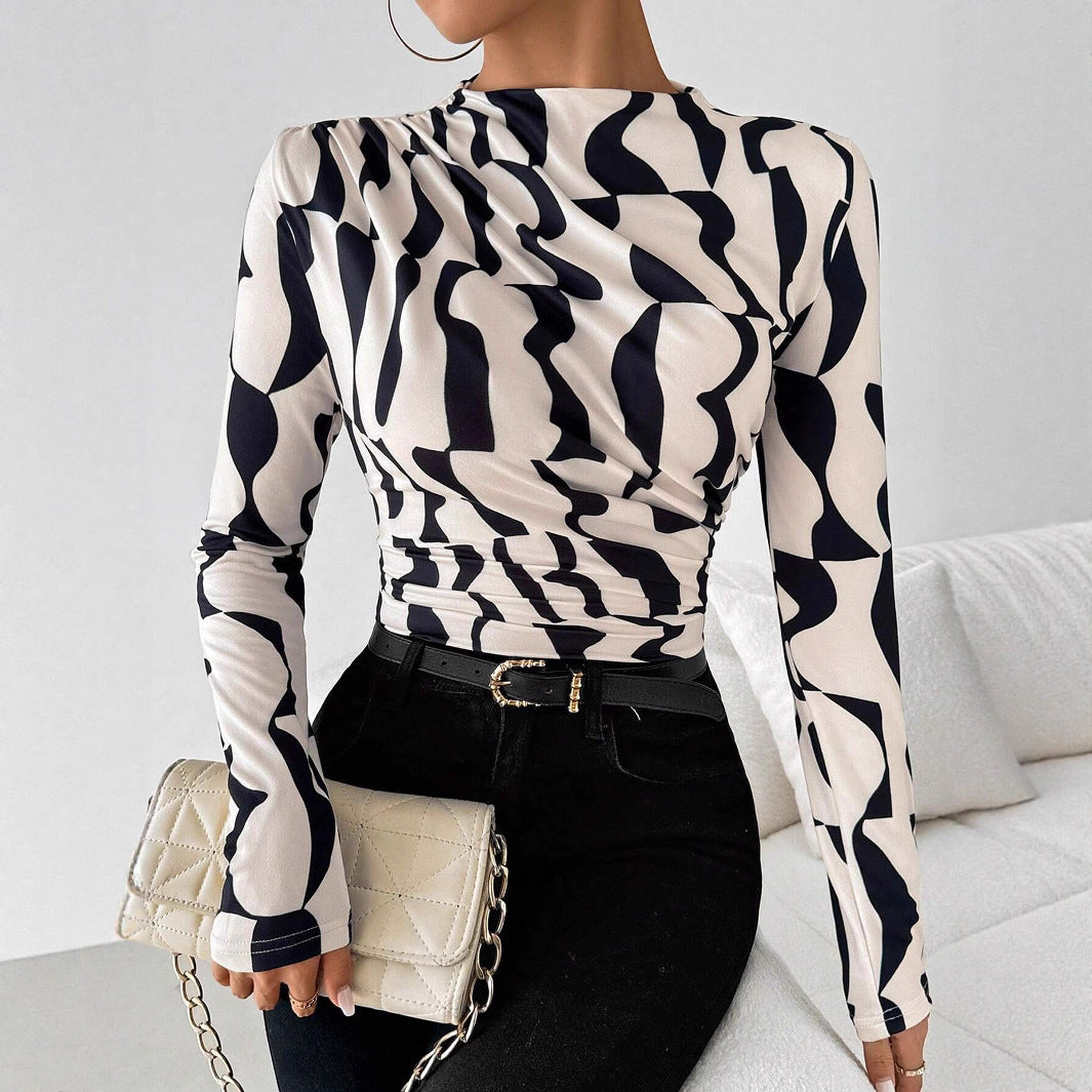Women's tailored long-sleeve shirt with side gathering and waterfall neckline Mune Fashion