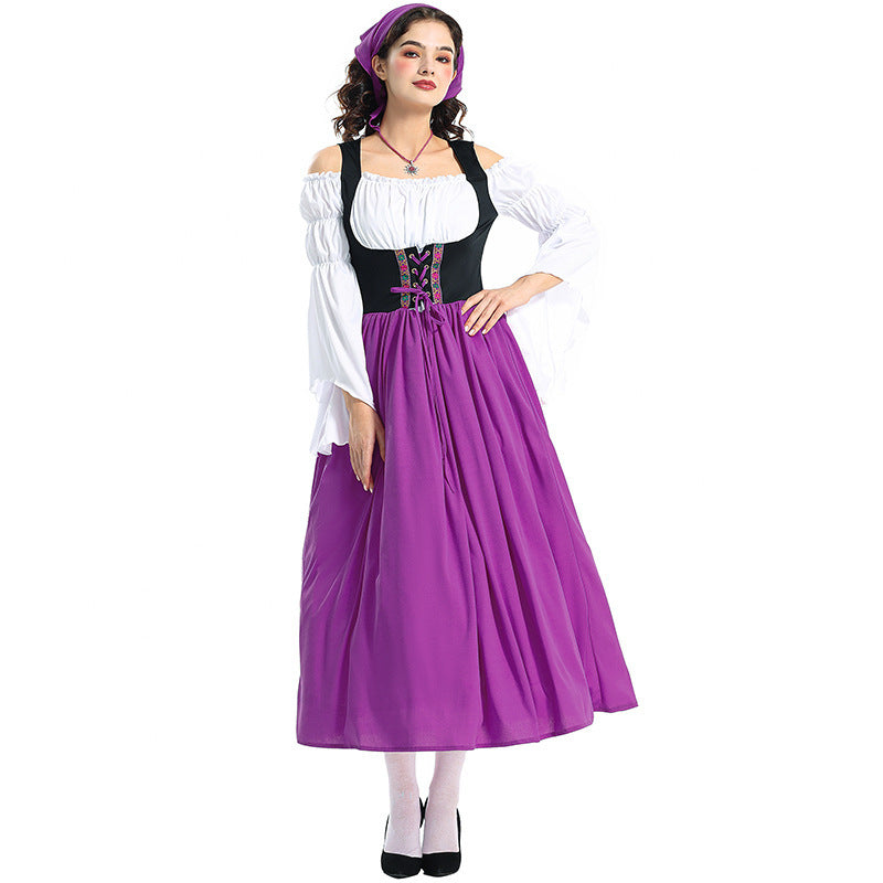 Ladies' Renaissance peasant dress with laced bodice, off-the-shoulder Carmen top, and wide skirt Mune Fashion