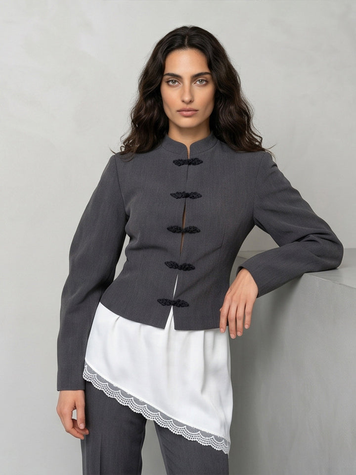 Women's Tailored Cropped Blazer with Mandarin Collar and Decorative Knot Closure Mune Fashion