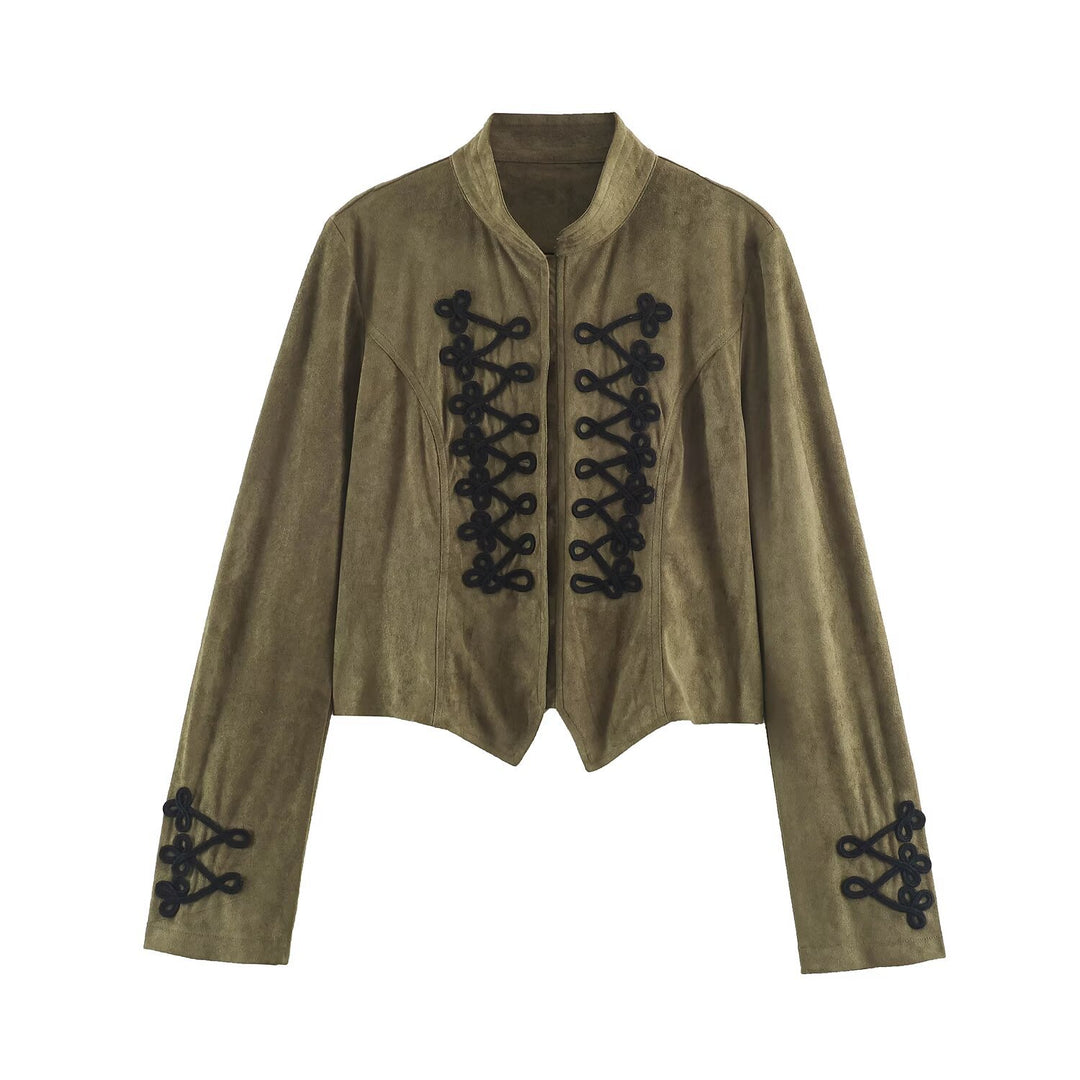 Women's short jacket in faux suede with decorative knot details and stand-up collar Drune