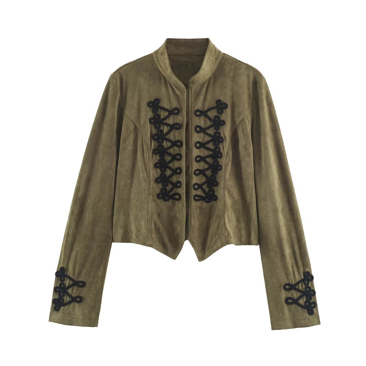 Women's short jacket in faux suede with decorative knot details and stand-up collar Drune