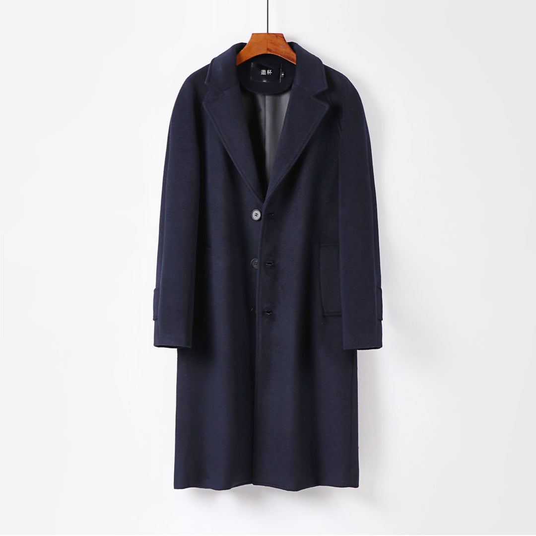 Men's Maxi Length Wool Coat with Clean Cut, Narrow Lapel and Concealed Lining Mune Fashion