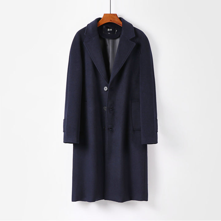 Men's Maxi Length Wool Coat with Clean Cut, Narrow Lapel and Concealed Lining Mune Fashion