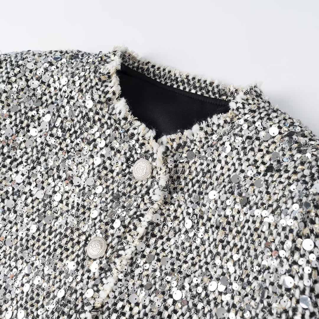 Women's short jacket in bouclé style with sequin trim and mother-of-pearl buttons Mune Fashion