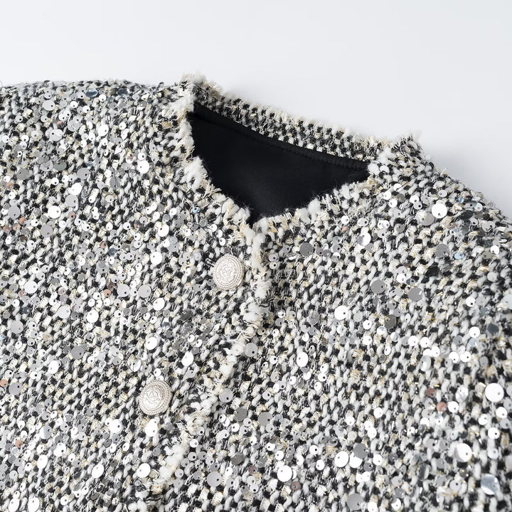 Women's short jacket in bouclé style with sequin trim and mother-of-pearl buttons Mune Fashion