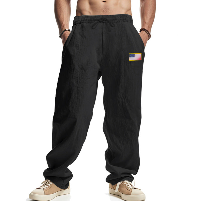 Men's casual cotton-linen lounge pants with elastic waistband, drawstring, and discreet flag application Mune Fashion