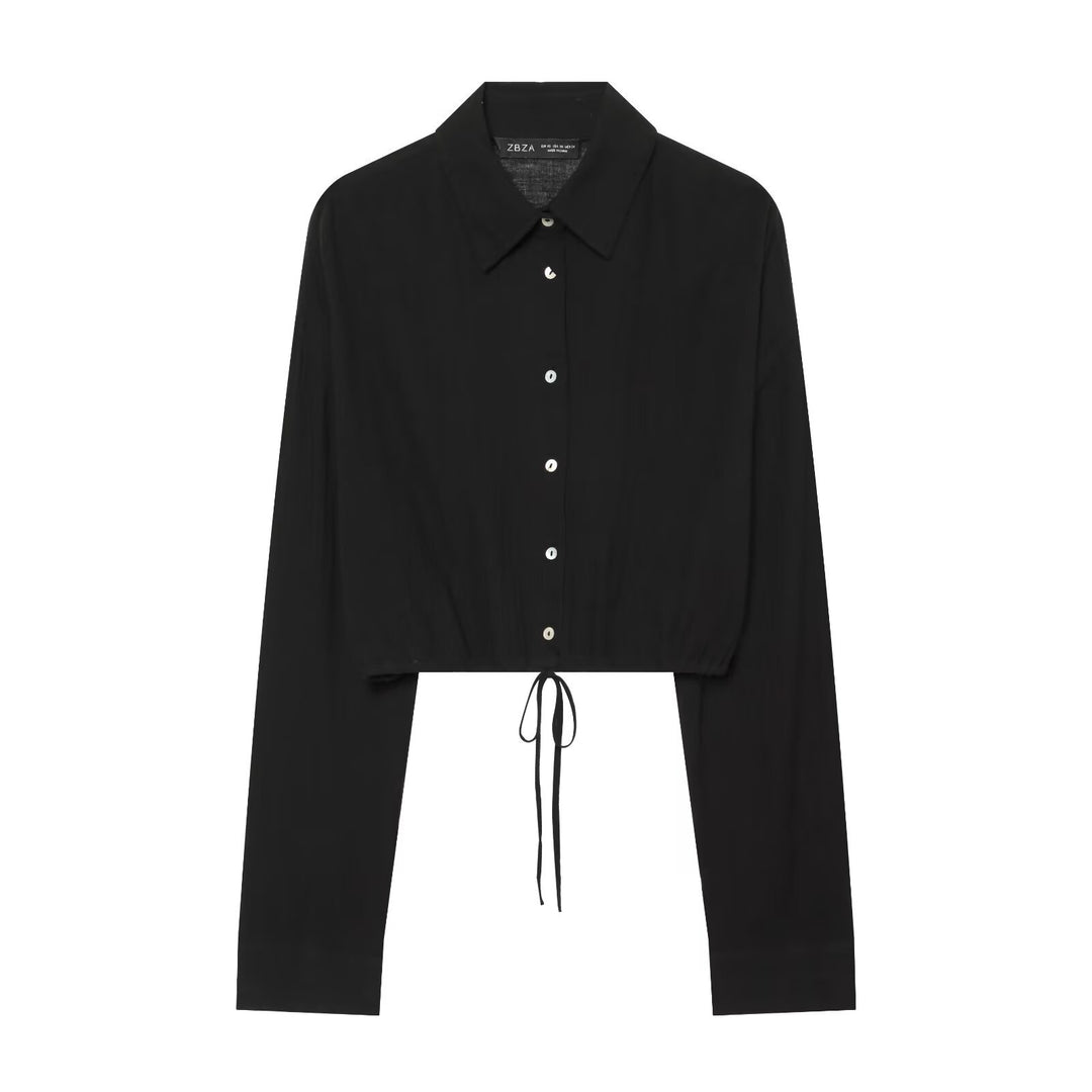 Women's short-cut blouse with pointed collar, button placket and drawstring Mune Fashion