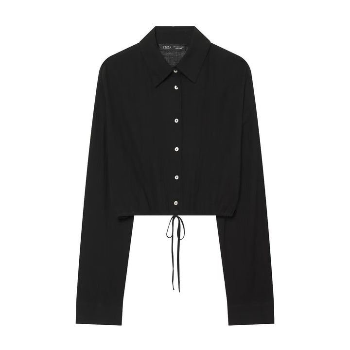 Women's short-cut blouse with pointed collar, button placket and drawstring Mune Fashion
