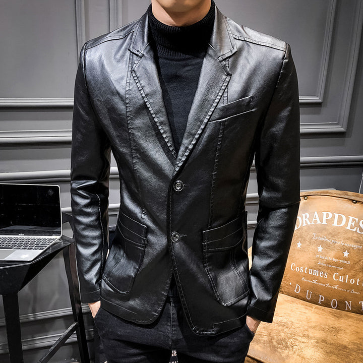 Men's Casual Slim-Fit Faux Leather Blazer with Notched Lapel and Patch Pockets Mune Fashion