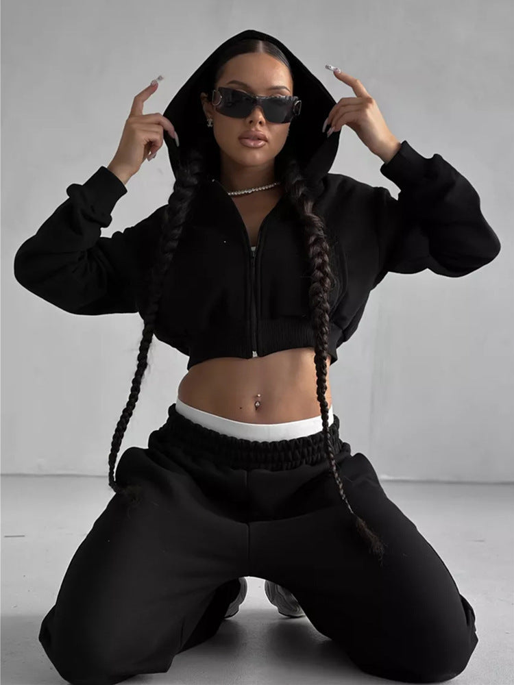Women short zip hoodie with fitted cuff and wide high-waist French terry jogging pants set Mune Fashion