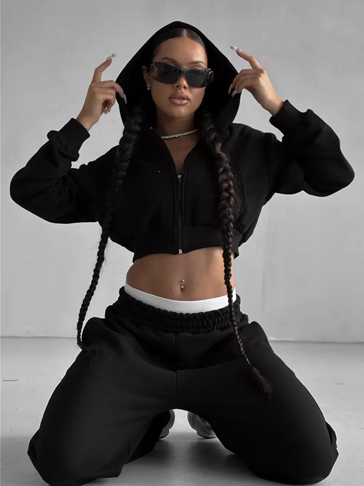Women short zip hoodie with fitted cuff and wide high-waist French terry jogging pants set Mune Fashion