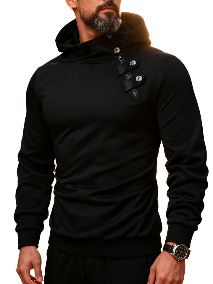Men's fitted hoodie with high collar, decorative tabs and concealed diagonal zipper Mune Fashion