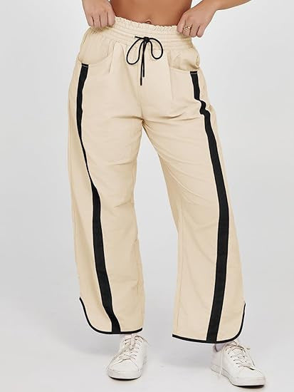 Women's nan relaxed track pants with side contrast stripe, elastic smocked waistband, and side pockets Mune Fashion