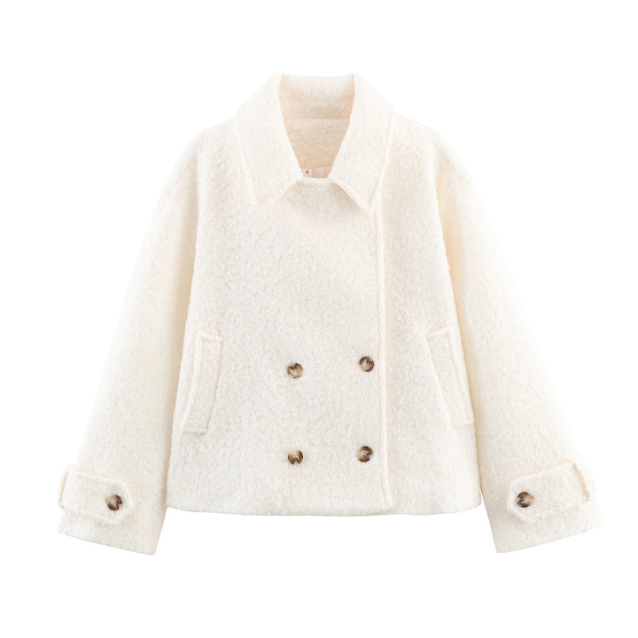 Ladies Boxy Boucle Double-Breasted Coat with Shirt Collar and Flap Pockets Mune Fashion