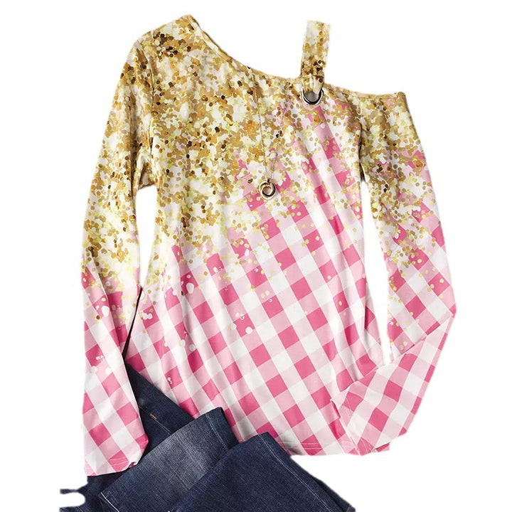 Women Off-Shoulder Long Sleeve Shirt with Gingham Check and One-Shoulder Strap Mune Fashion