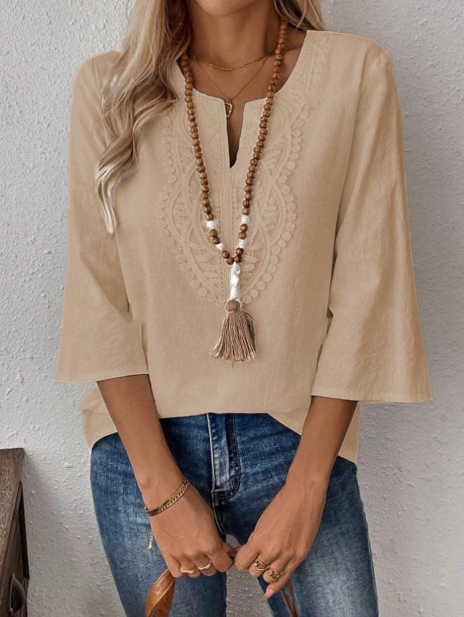 Women's Embroidered Linen Tunic with V-Neck and Three-Quarter Sleeves Mune Fashion