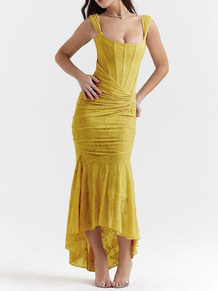 Women’s tight-fitting corset evening dress with integrated boning, ruched wrap design, and floral jacquard texture Mune Fashion