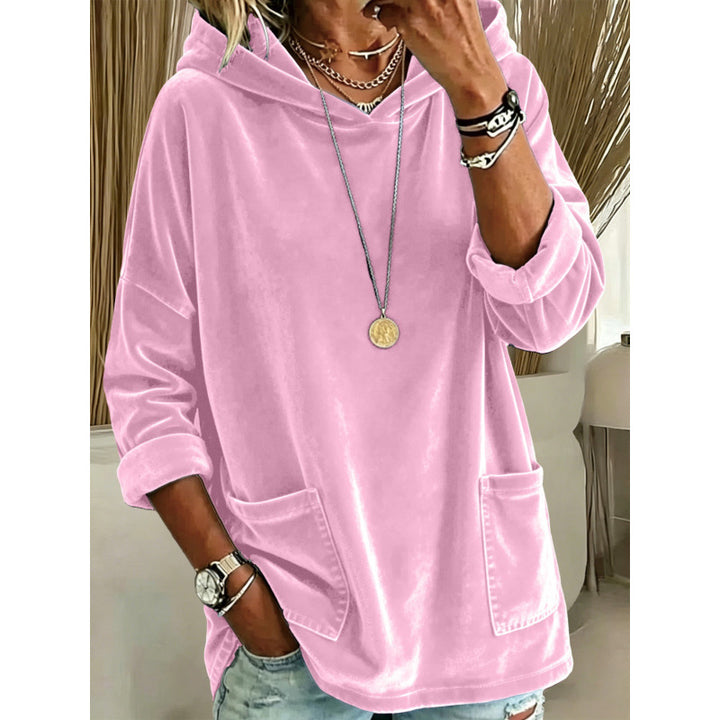 Women Velvet Hoodie with Hood, Oversized Cut and Applied Pockets Mune Fashion
