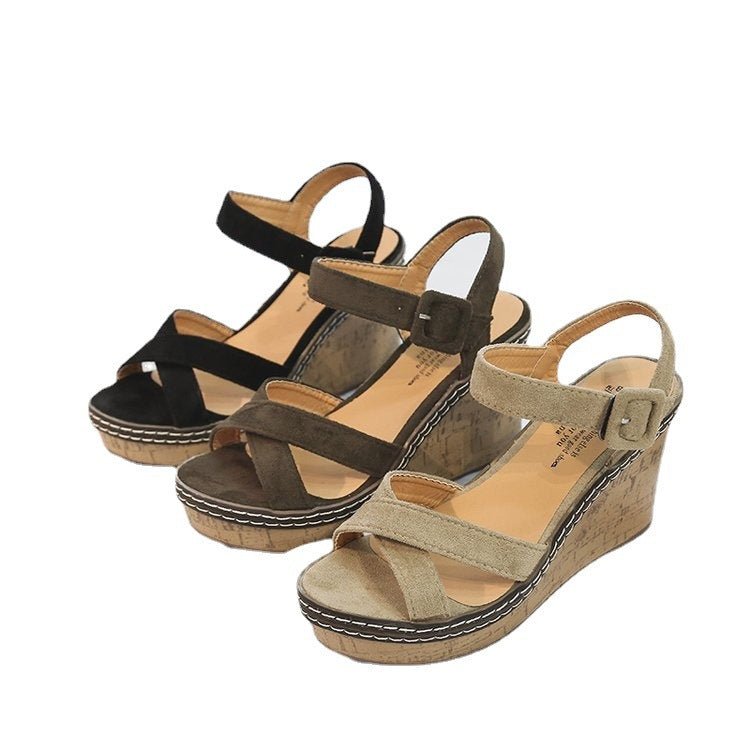 Women’s wedge sandals with cork platform adjustable ankle strap made of suede Mune Fashion