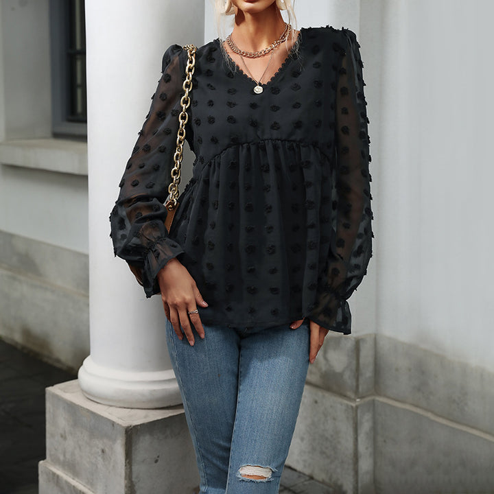 Women's Transparent Chiffon Blouse with V-Neck, Raised Dots Texture and Babydoll Silhouette Mune Fashion