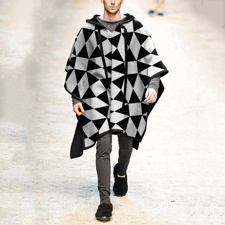 Men's Oversized Hooded Poncho made of Knit with Geometric Mosaic Pattern Mune Fashion