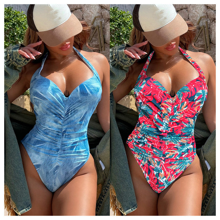 Women's One-Piece Swimsuit with Floral Design and Ruching Mune Fashion