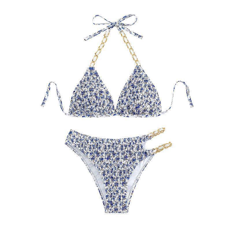 Women’s triangle bikini with golden chain details and playful floral pattern Mune Fashion