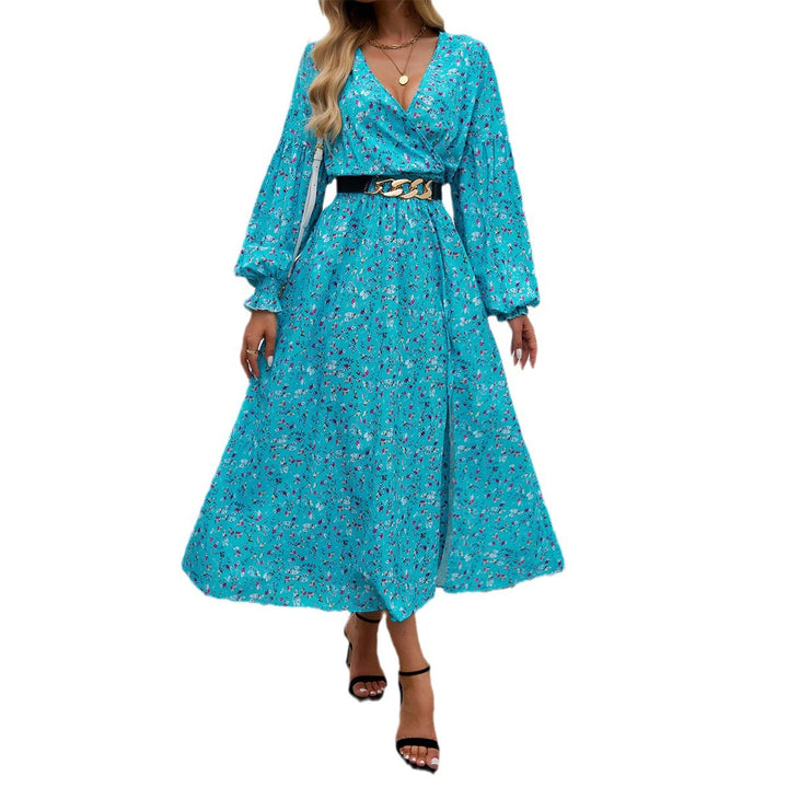 Ladies' wrap midi dress with V-neck, balloon sleeves, and flattering belt Mune Fashion