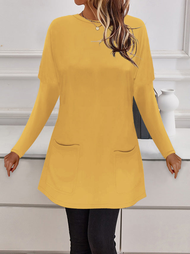 Women's Longline Fine Knit Tunic with Round Neckline and Patch Pockets Mune Fashion