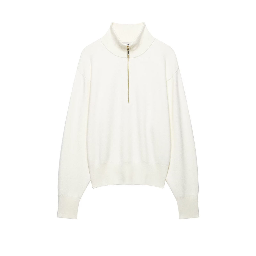 Women's chunky knit pullover with half zipper, stand collar and dropped shoulders Mune Fashion