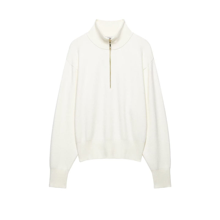 Women's chunky knit pullover with half zipper, stand collar and dropped shoulders Mune Fashion