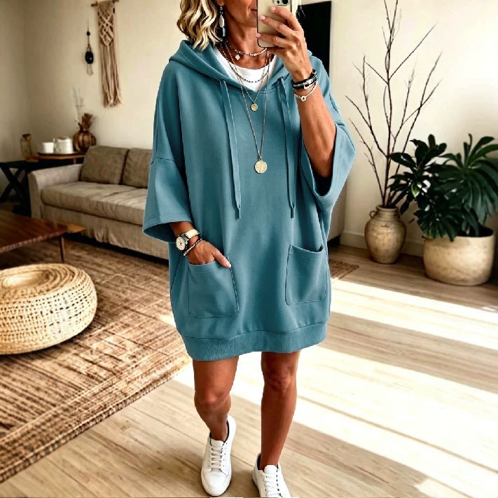 Women's Oversize Hoodie Dress with Kangaroo Pockets and Half-Length Sleeves Mune Fashion